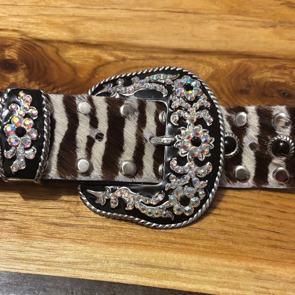 Nocona Zebra Print Belt with Silver Accents
